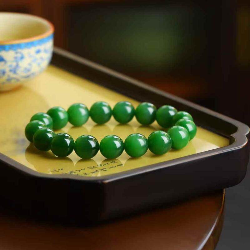 玉器工艺品天然新疆和田玉俄料碧玉老料微猫眼珠圆玉润手串男款