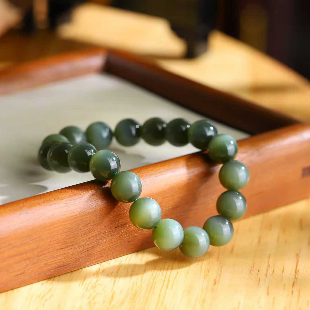 玉器工艺品天然新疆和田玉俄料碧玉老料猫眼手串男女单圈手串送证