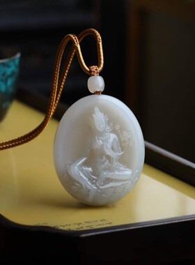 玉器工艺品天然新疆和田玉青海料老料烟紫色观音玉牌男式挂件带证