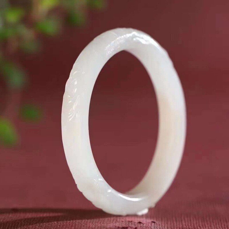 玉器工艺品天然新疆和田玉青海料老料藕粉色莲花镯女款玉手镯送证