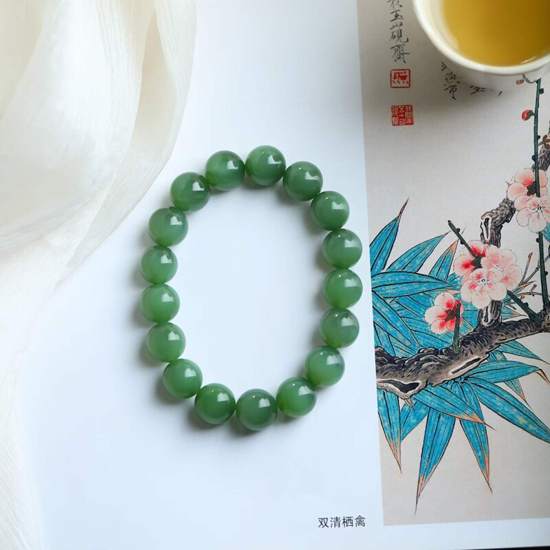 玉器工艺品天然新疆和田玉俄料碧玉老料12mm猫眼珠圆玉润手串送证