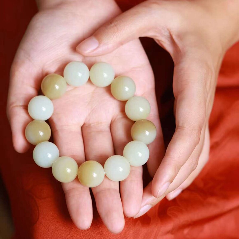 玉器工艺品天然新疆和田玉俄料老料俏糖色珠圆玉润手串男手串送证