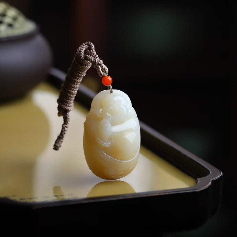 天然和田玉玉器工厂店俄料老料飘糖色玉石弥勒佛吊坠挂件送证书
