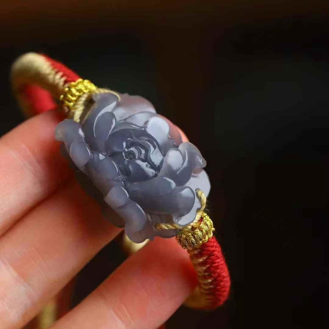 玉器工艺品天然新疆和田玉青海料老料烟紫色牡丹花手牌女款玉手链