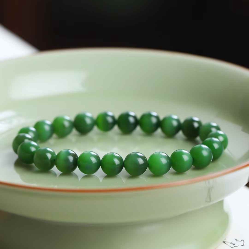 玉器工艺品天然新疆和田玉俄料碧玉老料猫眼手串女式玉石手链送证