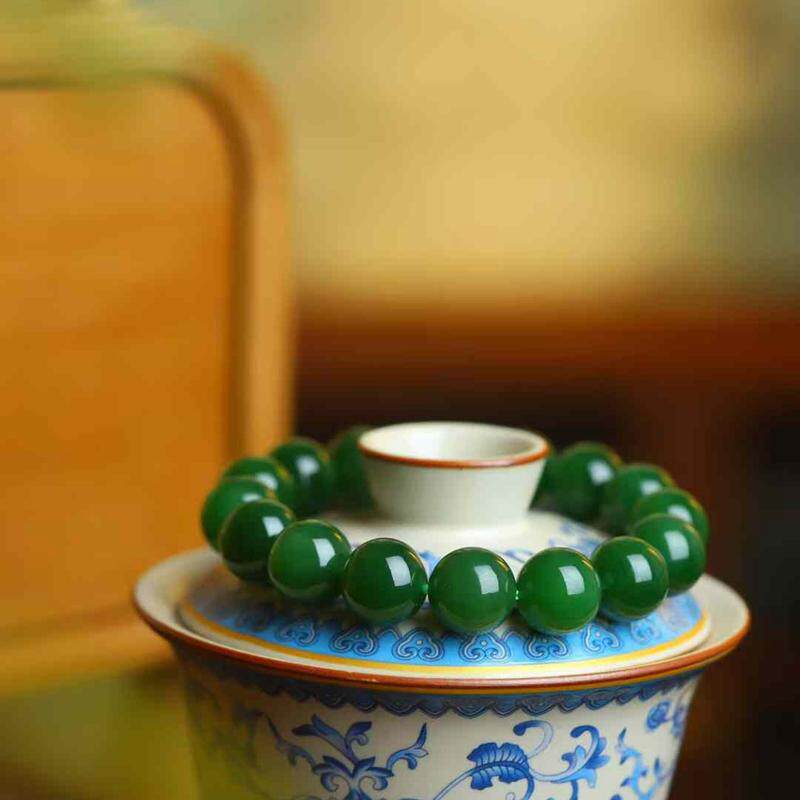 玉器工艺品天然和田玉俄料碧玉老料菠菜绿珠圆玉润13毫米男式手串