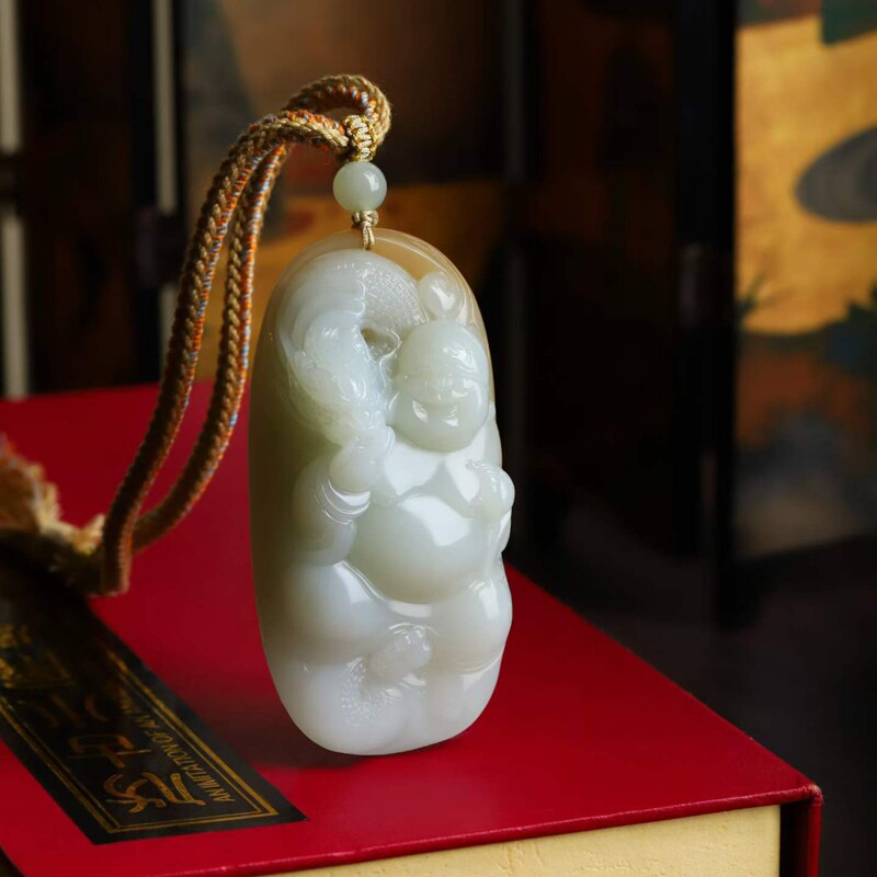 玉器工艺品天然和田玉俄料老料俏糖色玉石弥勒佛@神龙护主手把件