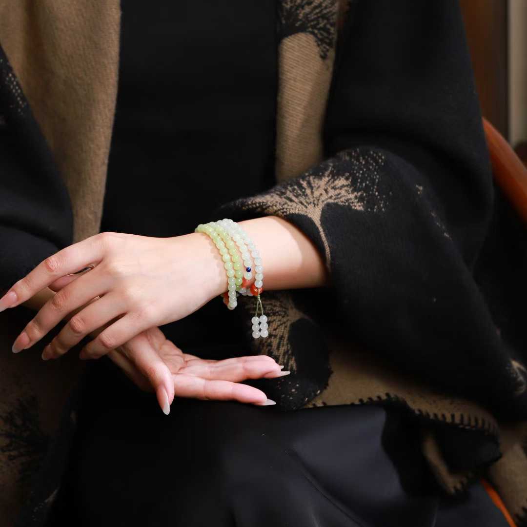 玉器工艺品天然新疆和田玉若羌黄口料老料渐变DIY108珠链多圈手串