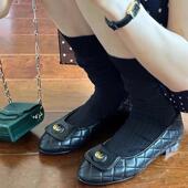 真皮小香风黑金菱格平底单鞋 圆头小翻盖金属书包扣浅口芭蕾舞瓢鞋