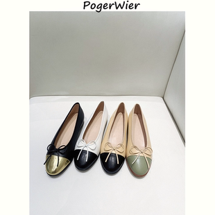 芭蕾浅口女单鞋 真皮小香风圆头拼色蝴蝶结平底鞋 秋季 PogerWie新款