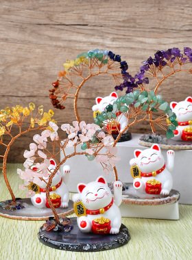 七彩水晶碎石发财树生命树能量树家居工艺品办公室桌面diy摆件