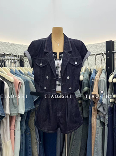 欧洲站2025夏季新款时尚百搭西装领无袖牛仔短款上衣女+短裤套装