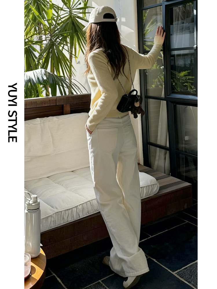 White Straight Leg Jeans for Women Spring/Fall 2025 New Style, Petite, Drapey and High-End, Slim Fit, Winter Fleece Lined Wide Leg Pants