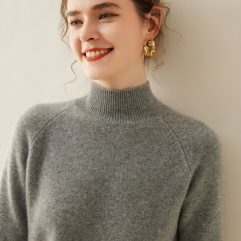双股加厚插肩袖baby100%小山羊绒衫女半高翻领宽松毛衣针织打底衫