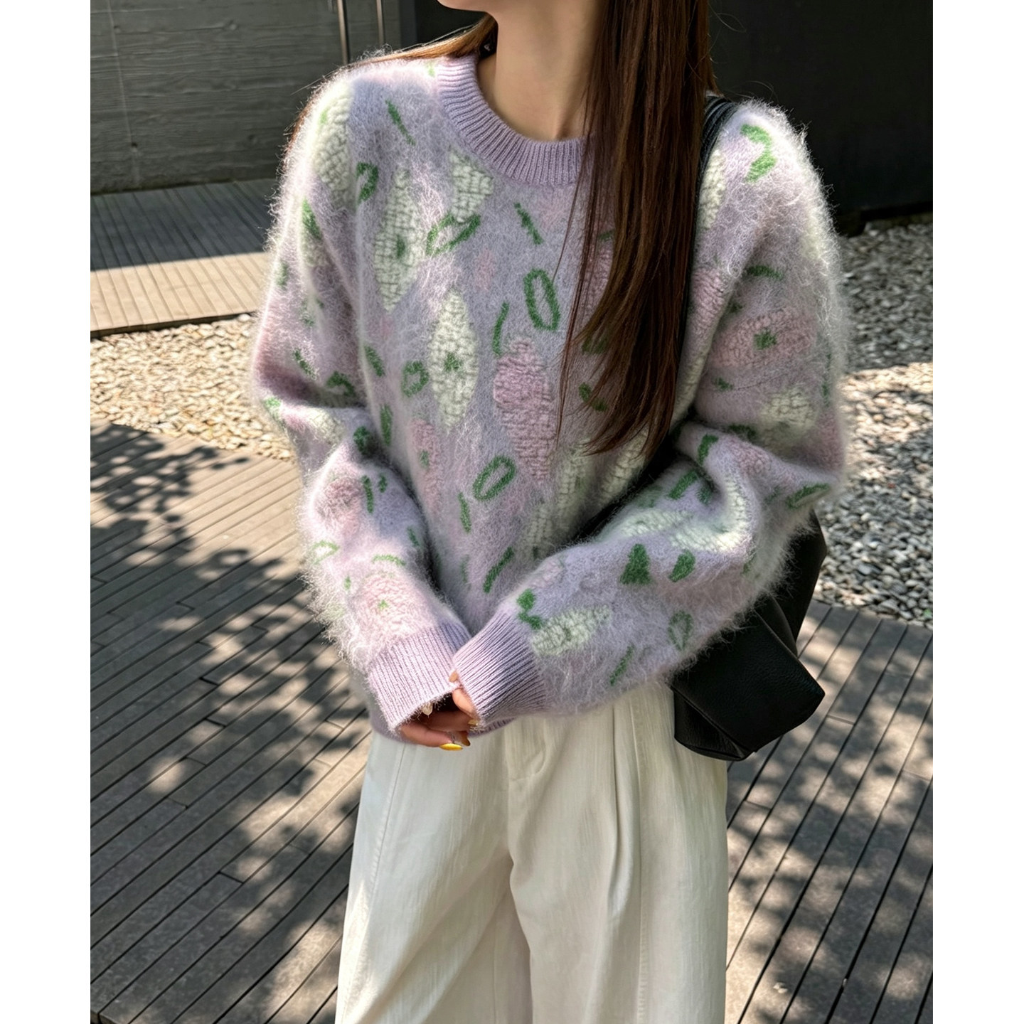 清新减龄拉绒拉毛花卉刺绣撞色毛衣女宽松圆领花色毛巾绣针织衫厚