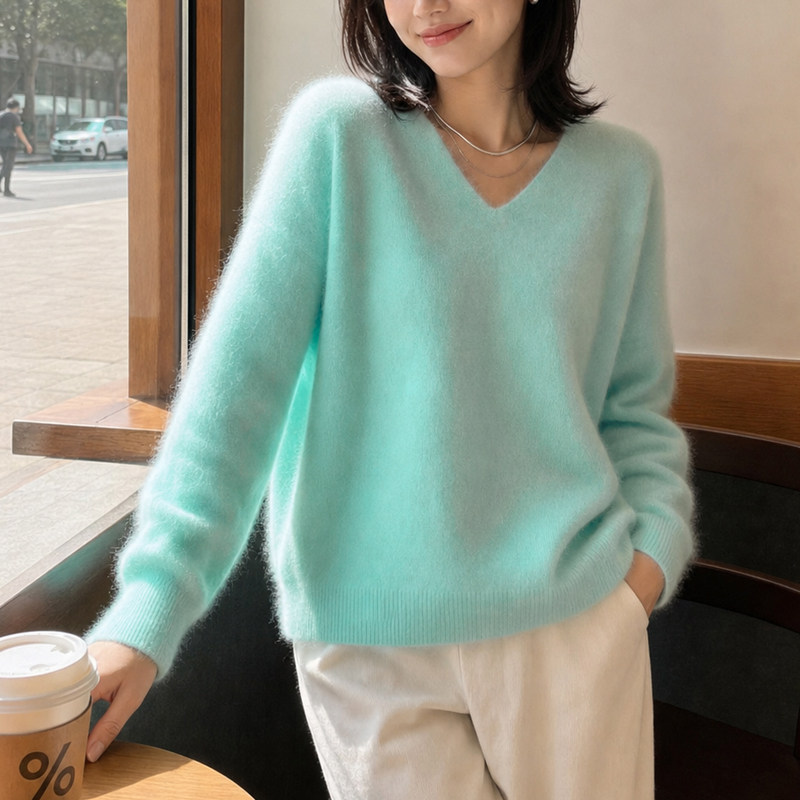 一线成衣~羊毛拉毛绒秋冬新款宽松打底衫女百搭V领毛衣懒惰羊绒衫