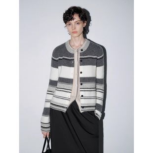 【富士山下】100羊毛经典拼色条纹圆领针织开衫秋冬毛衣外套上衣