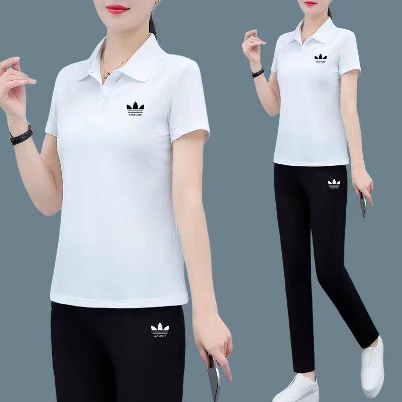 运动三叶草冰丝运动套装女新款polo衫短袖宽松洋气休闲大码两件套
