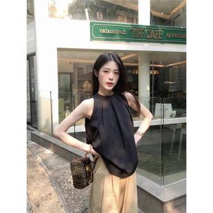 气质挂脖吊带宽松无袖 法式 外穿小众蓝色衬衫 甜美背心女装 上衣 夏季