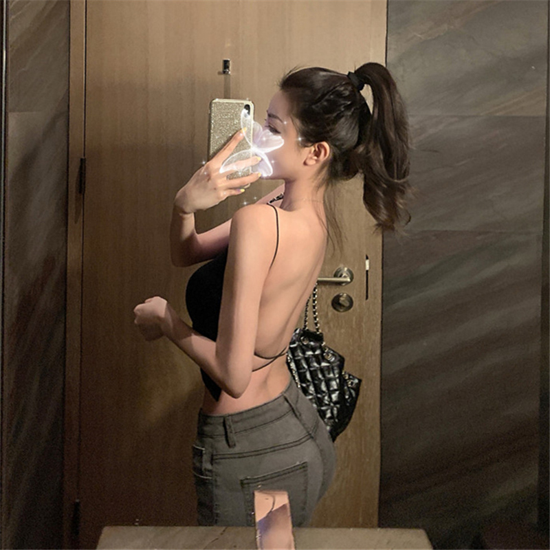 夏季甜辣纯欲性感露背紧身裹胸上衣弹力外穿带胸垫无袖吊带背心女