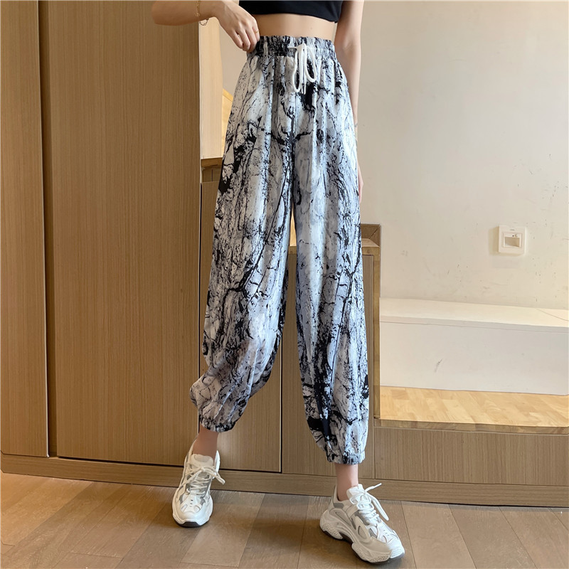 Real price new summer casual pants women's fashion halo dyed elastic waist strap drawstring nine point Harem Pants