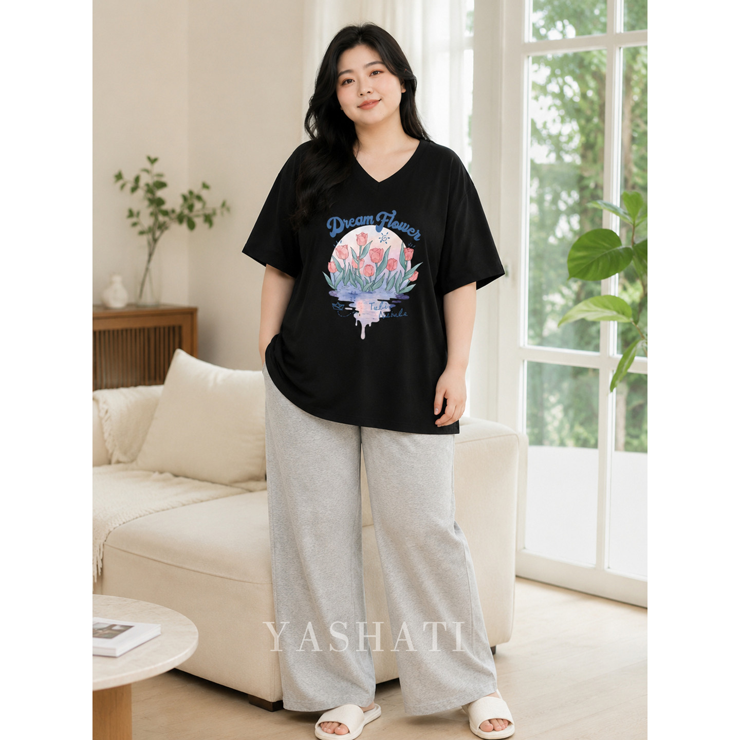 娅莎媞大码女装 200斤胖mm宽松显瘦遮肉V领百搭短袖T恤上衣 女