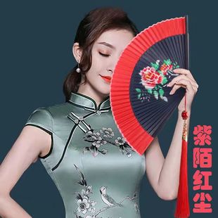 好开合双面喷绘樱花扇中国风日式 便携舞蹈扇折叠古典旗袍流苏扇子