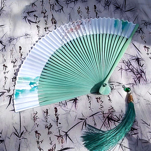 便携扇子 汉服旗袍夏季 人气新品 古风扇子折扇中国风青绿色新中式