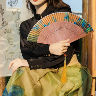 千里江山图扇子中国风折扇古风新中式 配汉服马面裙便携折叠扇夏季