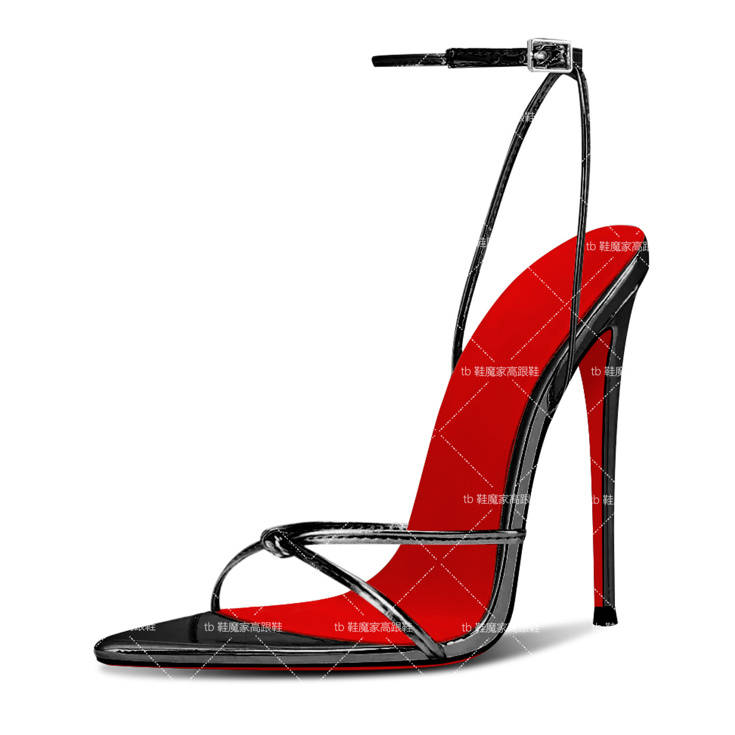 欧洲站13cm尖头绑带红底高跟鞋女黑色性感一字带扣时装大码凉鞋