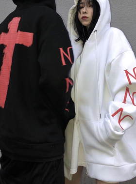 NECY嘻哈潮牌十字印花男女情侣宽松百搭拉链开衫连帽卫衣外套