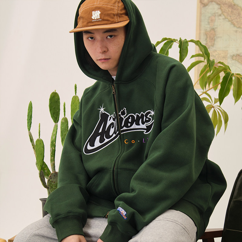 ACTIONS贴布刺绣拉链连帽加绒加厚卫衣男女嘻哈潮牌宽松开衫外套