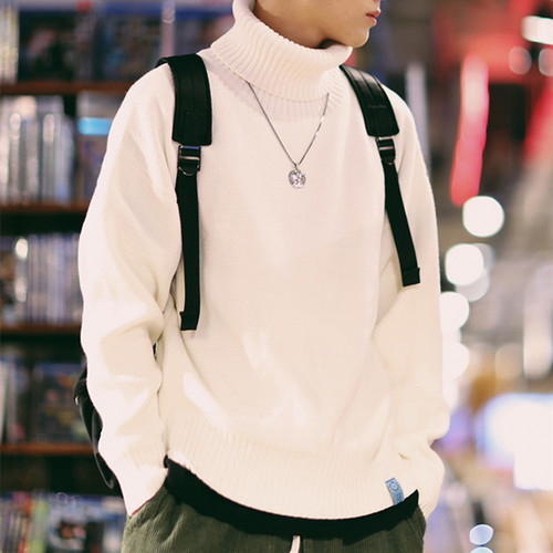 慵懒嘻哈百搭纯色情侣高领毛衣