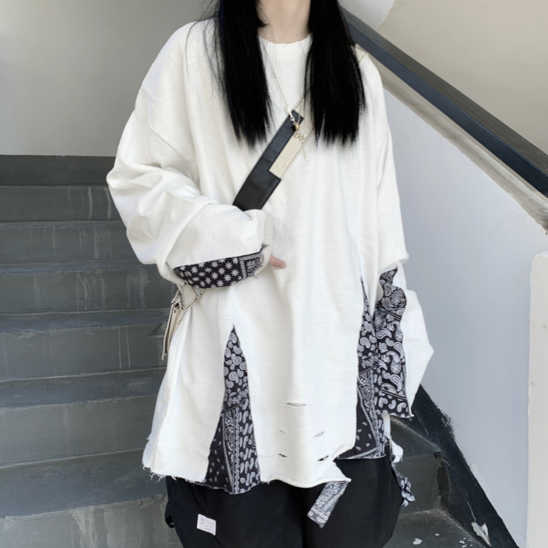 新因素 嘻哈潮牌腰果花拼接破坏打底长袖男女情侣宽松百搭卫衣