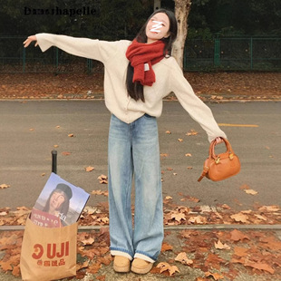 浅色高腰加绒直筒牛仔裤加厚女冬季宽松显瘦垂感窄版阔腿裤子女款
