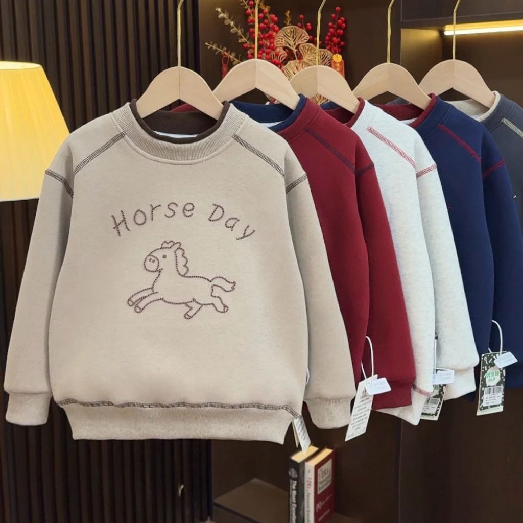 儿童卫衣加绒加厚冬季新款时尚男女童新年拜年服红色打底上衣韩版