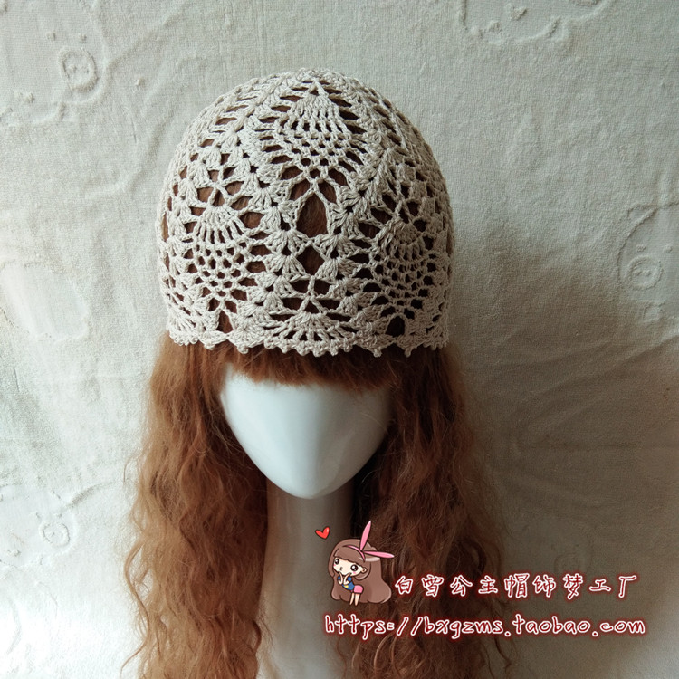 原创秋季新款手工钩花镂空亚麻复古文艺百搭针织时尚包头瓜皮帽子