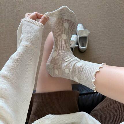 miu系白色圆点袜子女夏季薄款透气网眼中筒袜花边芭蕾风堆堆长袜