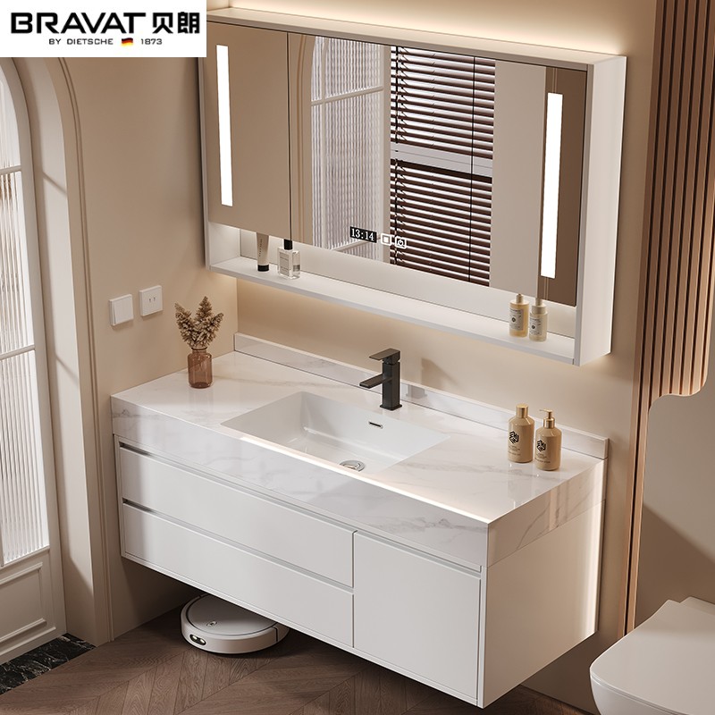 贝朗岩板陶瓷无缝一体盆浴室柜组合现代简约卫生间洗漱台洗手洗脸
