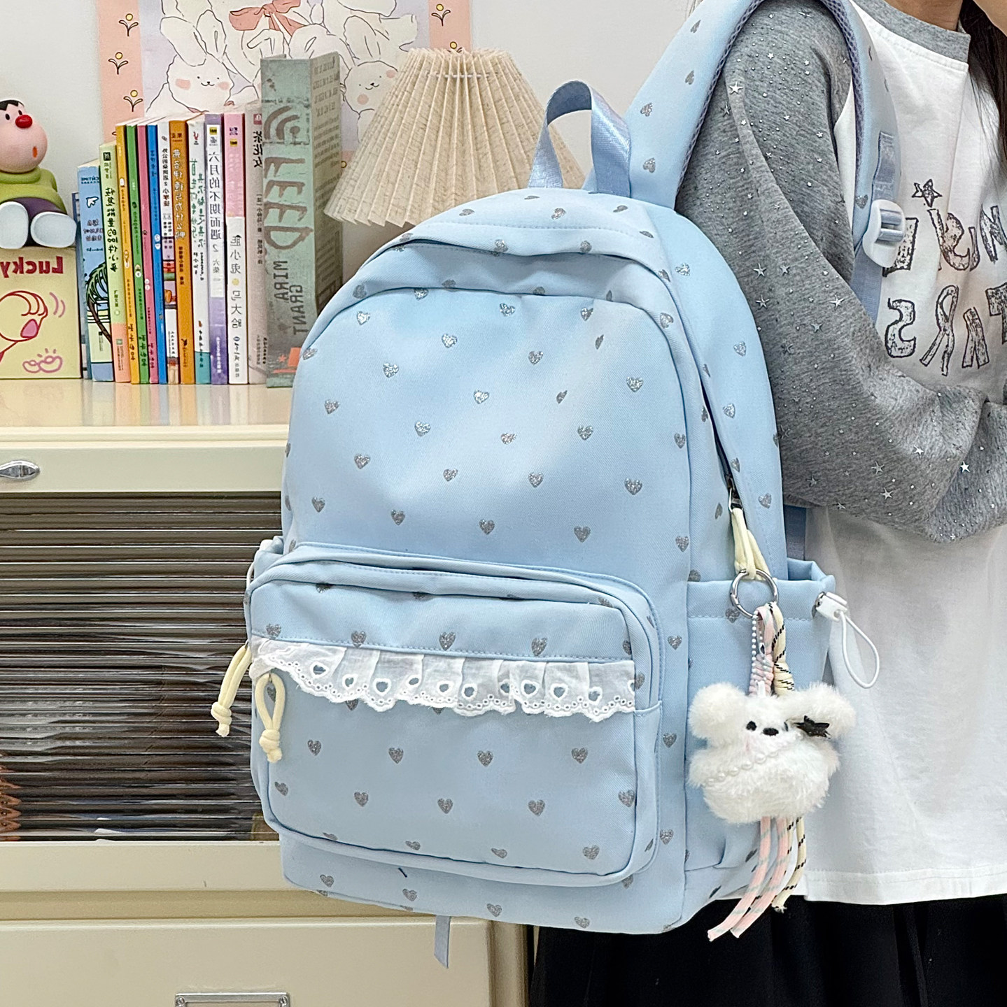 欧得乐少女风爱心双肩包女学生大容量蕾丝花边书包韩版背包