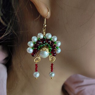手作流苏刀马旦脸谱耳环女淡水珍珠国粹个性款花旦短款耳坠国潮