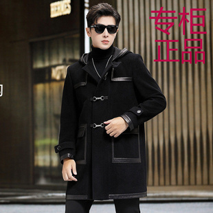 秋冬新款双面羊绒大衣男士中长款纯羊毛呢子拼绵羊皮风衣连帽外套