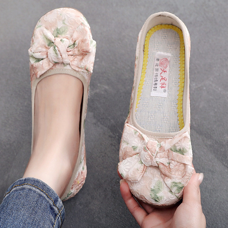 老北京布鞋女夏秋新款一脚蹬软底透气浅口蝴蝶结休闲舒适妈妈单鞋