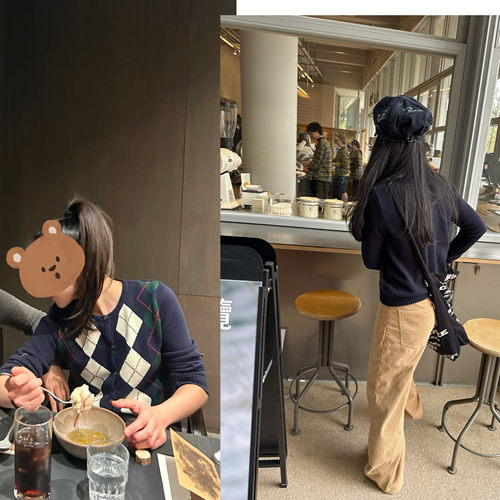 卷卷家 英伦学院风菱格针织开衫+卡其灯芯绒宽松休闲裤