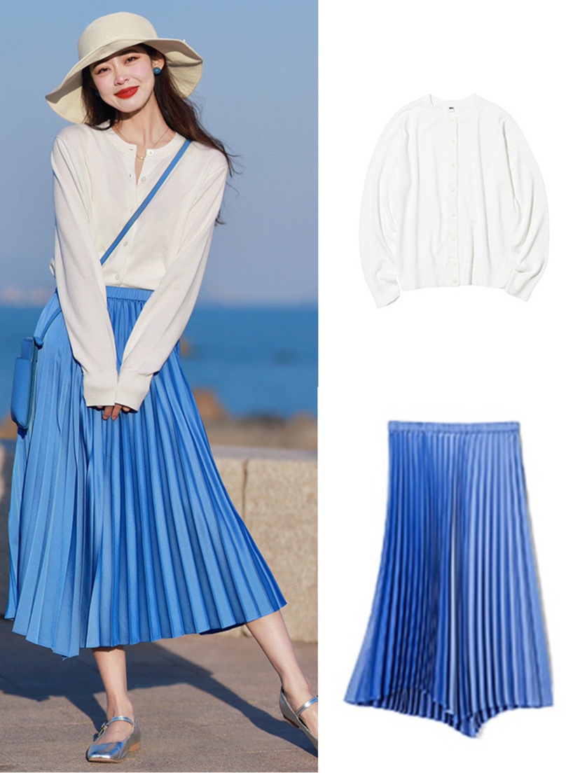 小个子套装女23春夏新款梨形身材穿搭圆领针织开衫纯欲蓝色百褶裙