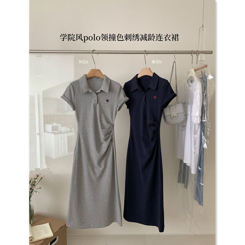 诗文伦敦早课学院风裙女撞色刺绣长/短款减龄连衣裙