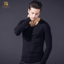 凡转2018春季深V领设计新款黑色简约长袖T恤 男纯色针织衫打底衫