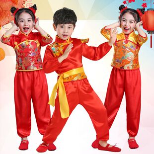 儿童说唱中国红喜庆演出服开门红打鼓服民族风灯笼舞蹈秧歌表演服