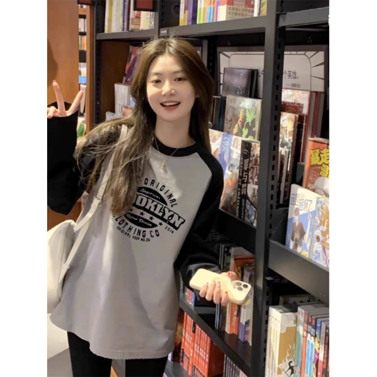 韩版圆领长袖T恤少女大童春秋纯棉撞色插肩初中高中学生打底上衣