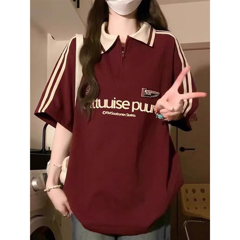 美式复古polo领正肩短袖t恤半拉链短袖初中高中学生宽松半袖上衣